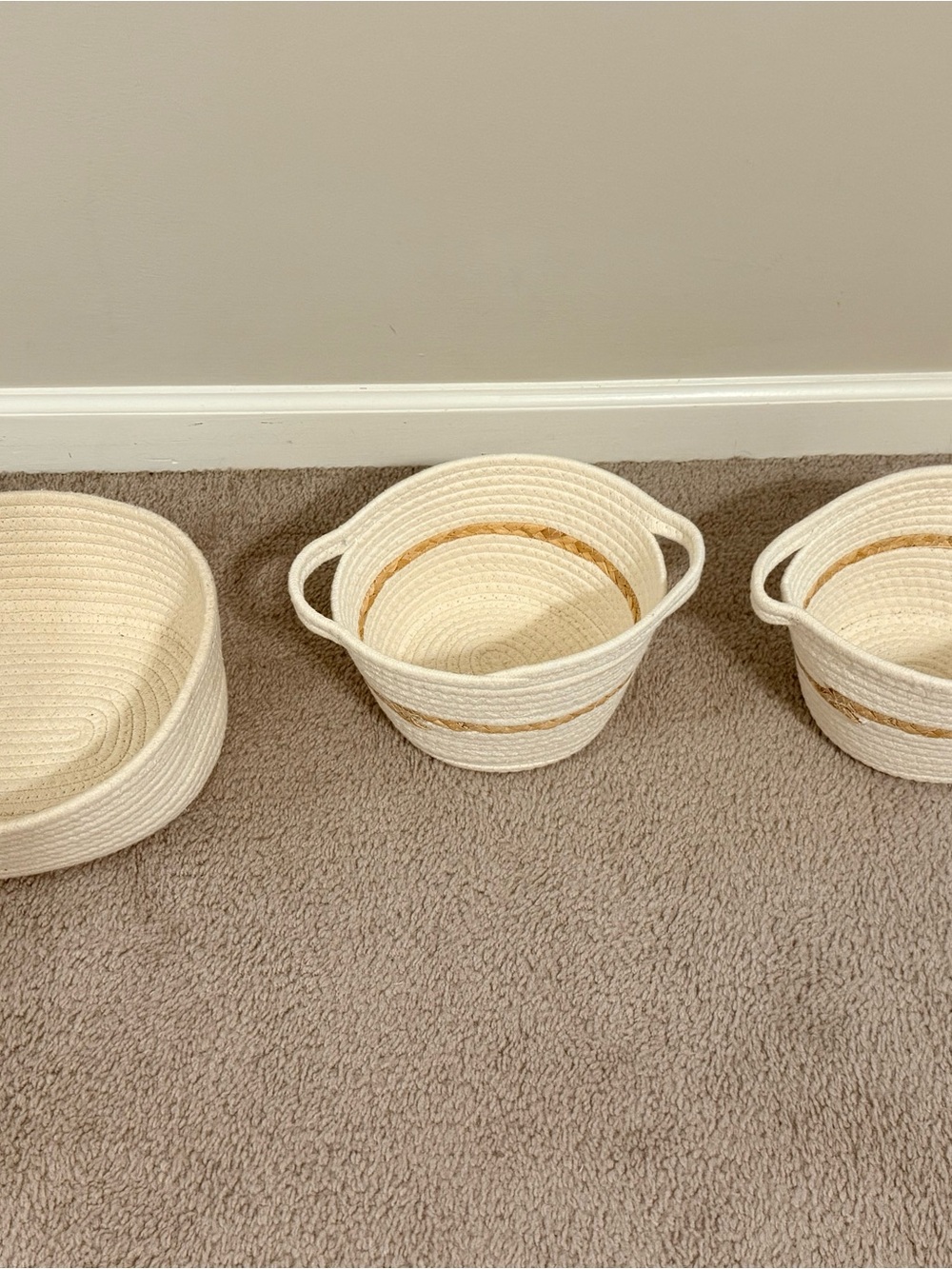 Cream Woven Rope Storage Baskets with Handles - Set of 3